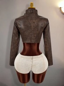 Amplova Jaket Wanita Model Y2K Bahan PU yang Dicuci, Model Lengan Panjang Pas Badan dengan Gesper Sabuk dan Lubang Kancing, Kerah Tinggi - Coklat - View 13