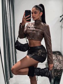 Amplova Jaket Wanita Model Y2K Bahan PU yang Dicuci, Model Lengan Panjang Pas Badan dengan Gesper Sabuk dan Lubang Kancing, Kerah Tinggi - Coklat - View 2