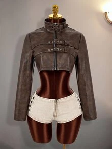 Amplova Jaket Wanita Model Y2K Bahan PU yang Dicuci, Model Lengan Panjang Pas Badan dengan Gesper Sabuk dan Lubang Kancing, Kerah Tinggi - Coklat - View 17