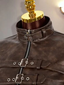 Amplova Jaket Wanita Model Y2K Bahan PU yang Dicuci, Model Lengan Panjang Pas Badan dengan Gesper Sabuk dan Lubang Kancing, Kerah Tinggi - Coklat - View 15