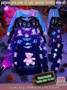 SHEIN Tween女孩秋冬日常居家甜美卡通螢光波點卡通熊蝴蝶結印花長袖套頭上衣與配套長褲套裝，女孩居家服2件套，兒童家居服套裝，黑色修身款，隨機發送2件 - 黑色 - 查看 8
