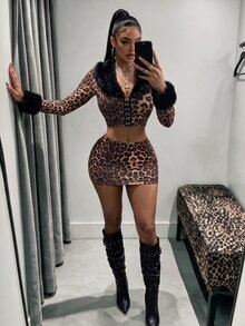 Amplova Women's Leopard Print & Fur Trim 2-Piece Set, Sexy Avant-Garde Ultra Low Waist Skirt, Fur Trim Cuffs, Fitted Button-Front Top, Suitable For Date Night - Khaki - View 3