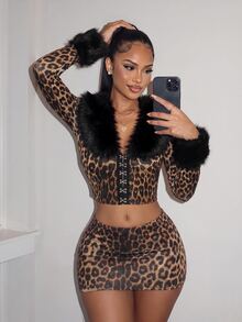 Amplova Women's Leopard Print & Fur Trim 2-Piece Set, Sexy Avant-Garde Ultra Low Waist Skirt, Fur Trim Cuffs, Fitted Button-Front Top, Suitable For Date Night - Khaki - View 1