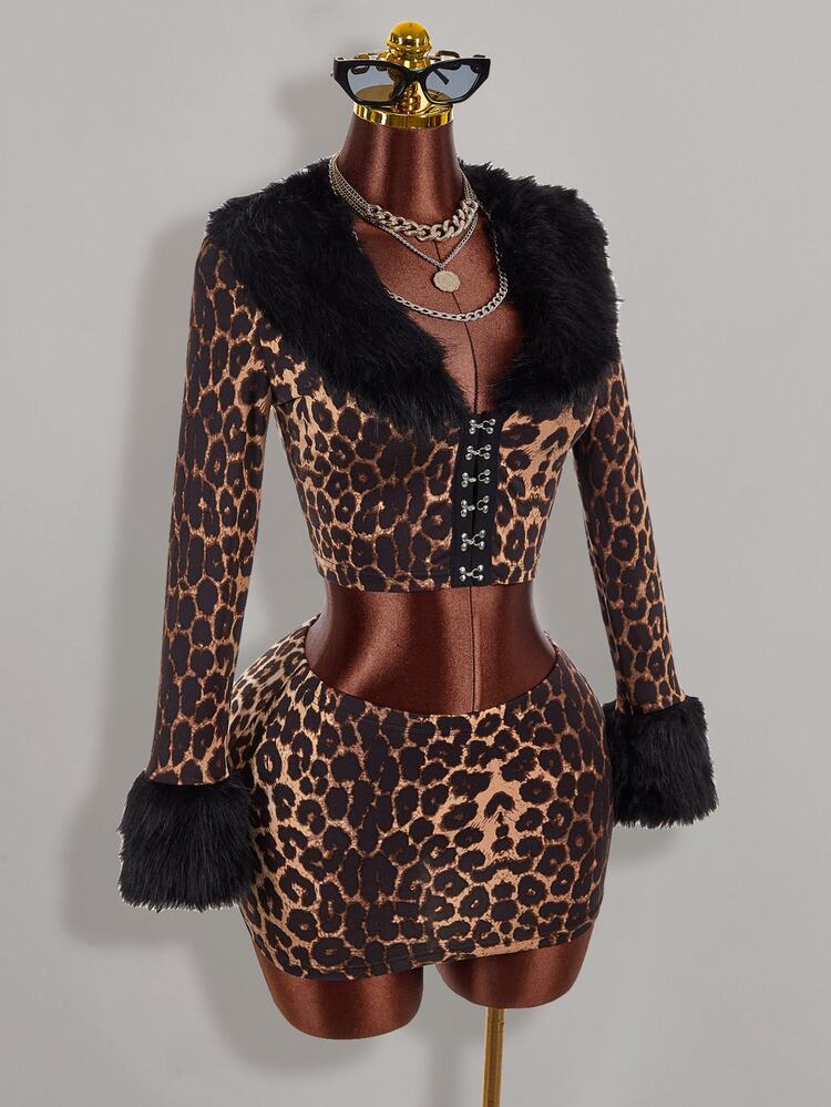 Amplova Women's Leopard Print & Fur Trim 2-Piece Set, Sexy Avant-Garde Ultra Low Waist Skirt, Fur Trim Cuffs, Fitted Button-Front Top, Suitable For Date Night - Khaki - View 14