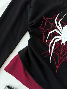 SHEIN Tween Girl Tween Girls Black Heart Web Spider Graphic Boat Neck Raglan Three Quarter Sleeve Slim Fit T-Shirt Cool Halloween Fall Winter Top - Black - View 4