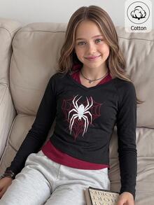 SHEIN Tween Girl Tween Girls Black Heart Web Spider Graphic Boat Neck Raglan Three Quarter Sleeve Slim Fit T-Shirt Cool Halloween Fall Winter Top - Black - View 1