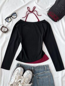 SHEIN Tween Girl Tween Girls Black Heart Web Spider Graphic Boat Neck Raglan Three Quarter Sleeve Slim Fit T-Shirt Cool Halloween Fall Winter Top - Black - View 6