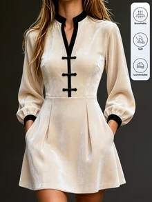SHEIN LUNE Women's Elegant Autumn/Winter Frog Button Dress - Apricot - View 3