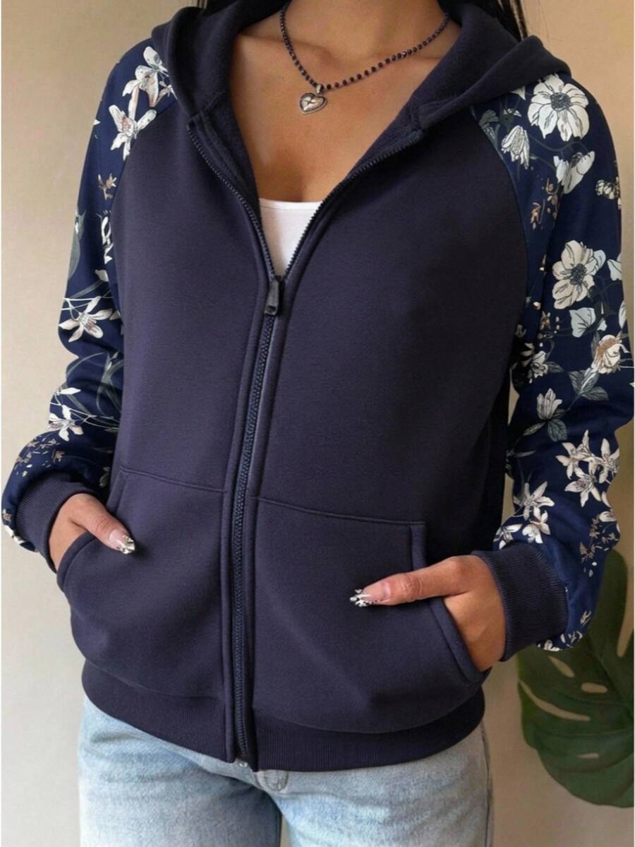 SHEIN 兒童青少年女孩藍色純色連帽花卉水印運動衫,休閒風格,適合上學,秋冬穿著 - 藍色 - 查看 1