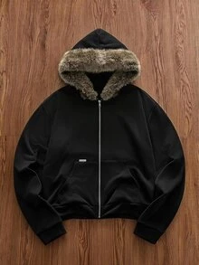 SWAVVY 美式黑色毛領連帽修身短版運動衫 男款 Y2K 風格 小眾設計 春季保暖內裡 - 黑色 - 查看 1