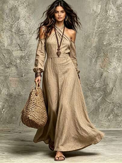 Glimmora Bohemian Boho Halter Neck Cold Shoulder Linen Dress, Vintage Vacation Style Criss-Cross Halter Neck Dress Vacation Khaki Autumn