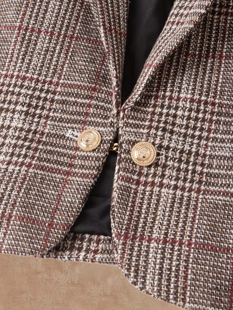 HIMLAND Setelan Jas Pria Motif Kotak-kotak Retro, Jaket dan Celana - Coklat - View 11