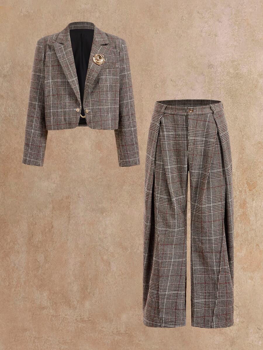 HIMLAND Men's Fashion Retro Plaid Jacket & Pants Suit Set - Brown - View 1