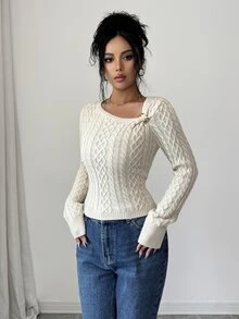 SHEIN Elenzya كنزة صوفية محبوكة بكابلات بلون موحد كاجوال للخريف/الشتاء - لون مشمشي - مشاهدة 5