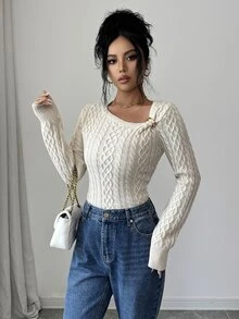 SHEIN Elenzya كنزة صوفية محبوكة بكابلات بلون موحد كاجوال للخريف/الشتاء - لون مشمشي - مشاهدة 6