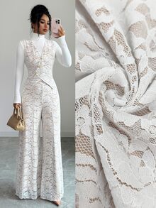 Elenzga Women's Designer Lace Elastic Tie Top And Versatile Lace Long Pants, Daily Commute, Versatile Elegant, Metal Buckle Design Suit Set - Beige - View 1