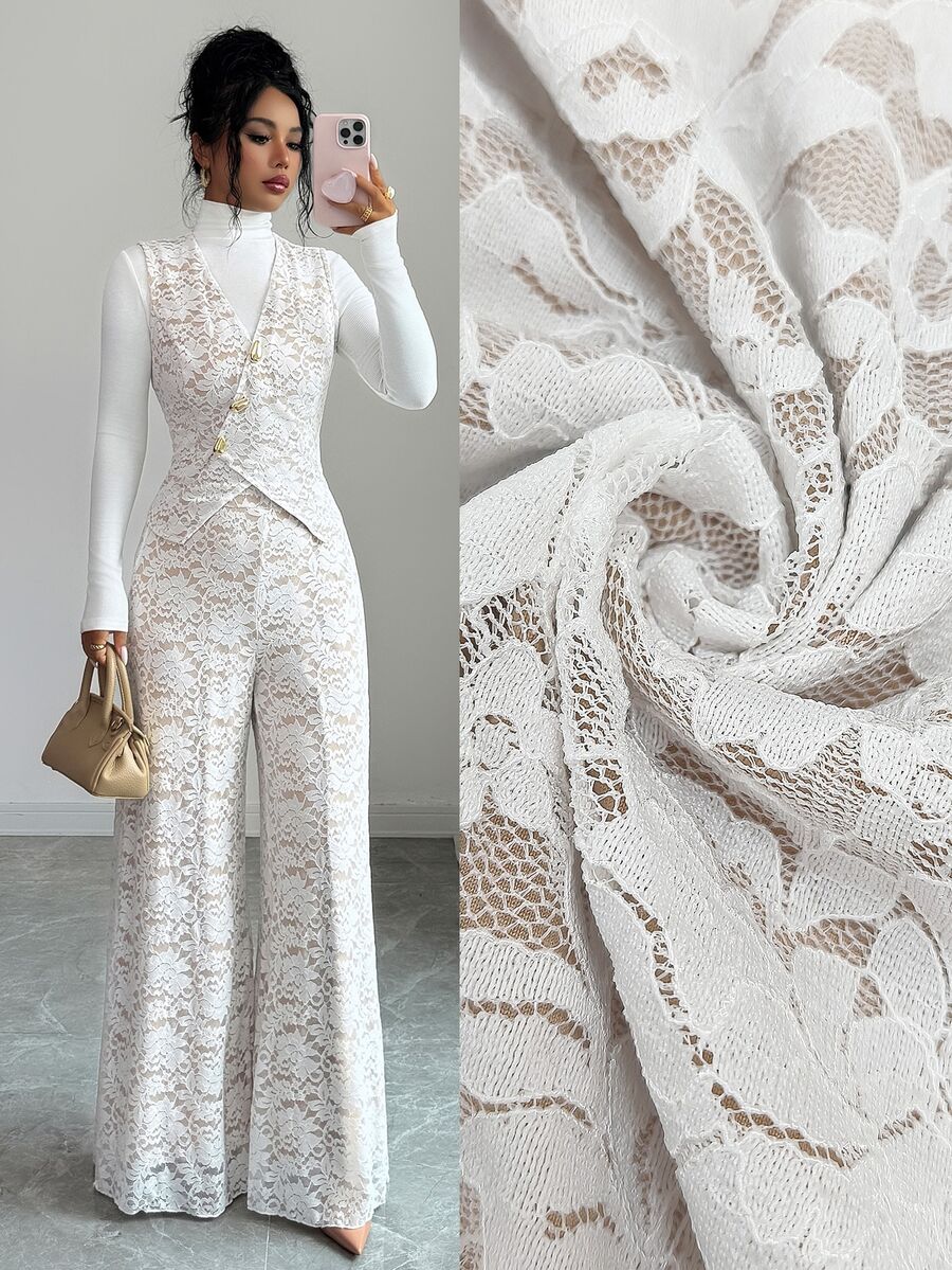Elenzga Women's Designer Lace Elastic Tie Top And Versatile Lace Long Pants, Daily Commute, Versatile Elegant, Metal Buckle Design Suit Set - Beige - View 1