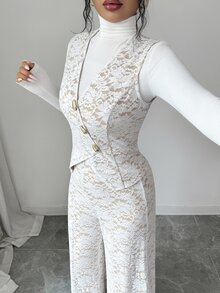 Elenzga Women's Designer Lace Elastic Tie Top And Versatile Lace Long Pants, Daily Commute, Versatile Elegant, Metal Buckle Design Suit Set - Beige - View 7