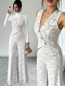 Elenzga Women's Designer Lace Elastic Tie Top And Versatile Lace Long Pants, Daily Commute, Versatile Elegant, Metal Buckle Design Suit Set - Beige - View 4