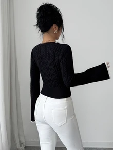 SHEIN Elenzya Sweater Lengan Bergelombang Leher Persegi dengan Hiasan Manik-Manik Mutiara - Hitam - View 2