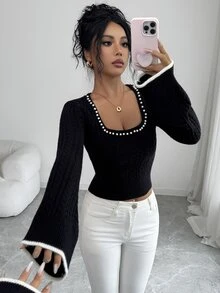 SHEIN Elenzya Sweater Lengan Bergelombang Leher Persegi dengan Hiasan Manik-Manik Mutiara - Hitam - View 4