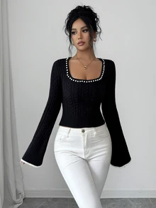SHEIN Elenzya Sweater Lengan Bergelombang Leher Persegi dengan Hiasan Manik-Manik Mutiara - Hitam - View 5