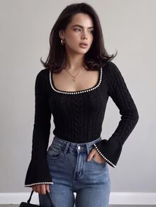 SHEIN Elenzya Sweater Lengan Bergelombang Leher Persegi dengan Hiasan Manik-Manik Mutiara - Hitam - View 3