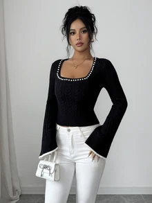 SHEIN Elenzya Sweater Lengan Bergelombang Leher Persegi dengan Hiasan Manik-Manik Mutiara - Hitam - View 7