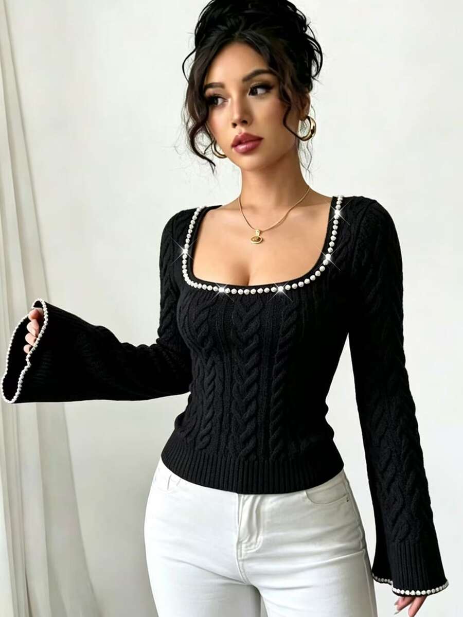 SHEIN Elenzya Sweater Lengan Bergelombang Leher Persegi dengan Hiasan Manik-Manik Mutiara - Hitam - View 1