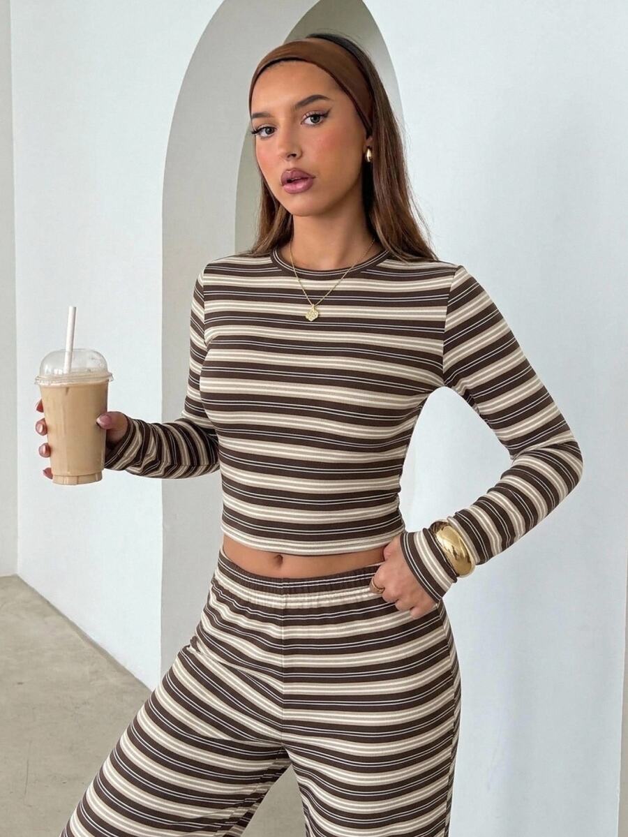 Aloruh Women's Striped Long Sleeve Top And Pants Casual Daily Set Fall Clothes For Women Work Outfits For Women Halloween