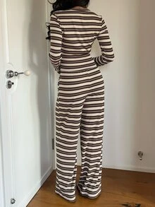 Aloruh 女款條紋長袖上衣與長褲休閒日常套裝 秋季女裝 工作穿搭 萬聖節 - 卡其色 - 查看 3