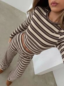 Aloruh 女款條紋長袖上衣與長褲休閒日常套裝 秋季女裝 工作穿搭 萬聖節 - 卡其色 - 查看 4