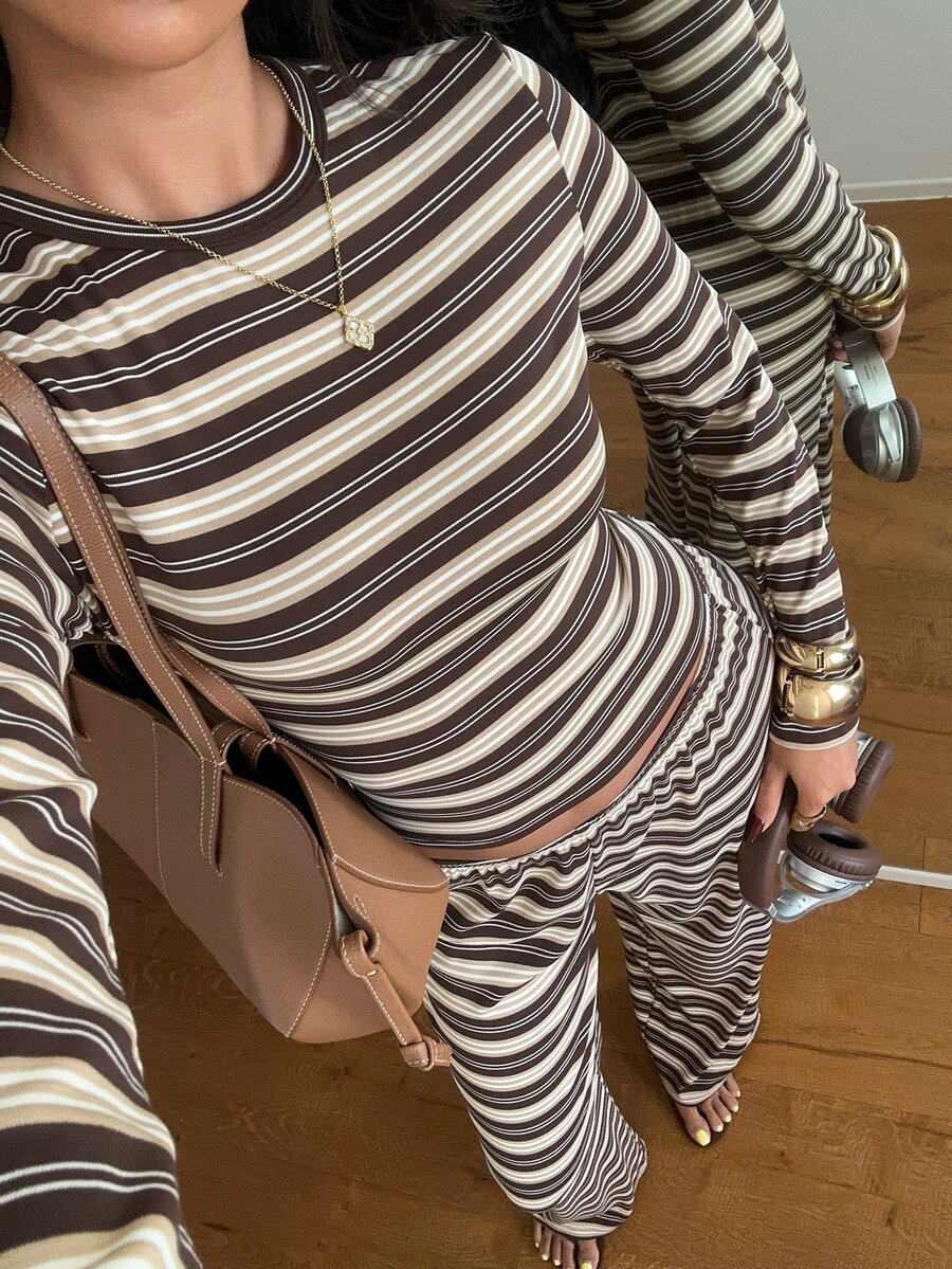 Aloruh 女款條紋長袖上衣與長褲休閒日常套裝 秋季女裝 工作穿搭 萬聖節