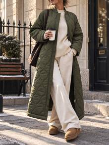 RosyDaze Women's Water-Resistant Maxi Quilted Padded Coat With Functional Pockets - Army Green - View 3