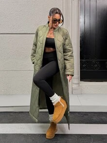 RosyDaze Women's Water-Resistant Maxi Quilted Padded Coat With Functional Pockets - Army Green - View 8