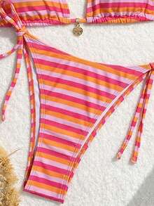 SHEIN Swim 女士夏季沙滩随机印花露背系带性感比基尼泳装套装 - 彩色 - 查看 6
