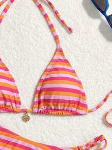 SHEIN Swim 女士夏季沙滩随机印花露背系带性感比基尼泳装套装 - 彩色 - 查看 5