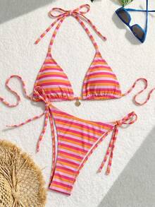 SHEIN Swim 女士夏季沙滩随机印花露背系带性感比基尼泳装套装 - 彩色 - 查看 4