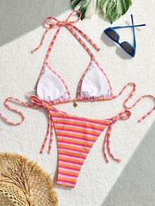 SHEIN Swim 女士夏季沙滩随机印花露背系带性感比基尼泳装套装 - 彩色 - 查看 2