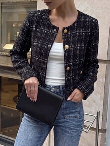 Penseblé 女款格紋時尚百搭日常休閒法式優雅長袖夾克 辦公穿搭 黑白配色 秋季 - 黑與白 - 查看 5