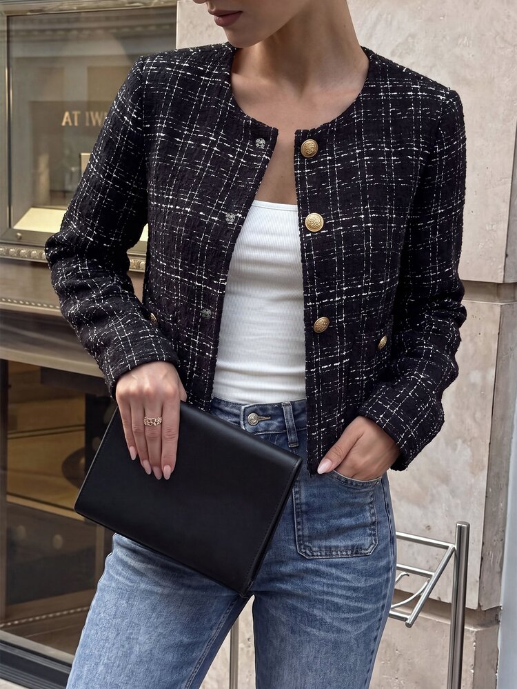Penseblé Jaket Lengan Panjang Wanita Motif Kotak-kotak, Serbaguna, Kasual Sehari-hari, Elegan ala Prancis, untuk Kantor, Warna Hitam Putih, Musim Gugur - Hitam dan Putih - View 5