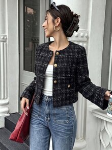 Penseblé 女款格紋時尚百搭日常休閒法式優雅長袖夾克 辦公穿搭 黑白配色 秋季 - 黑與白 - 查看 3
