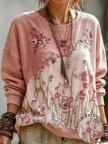 Selamara Women's Floral Embroidered Drop Shoulder Long Sleeve Casual Crew Neck Sweatshirt - Multicolor - View 3
