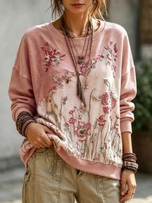 Selamara Women's Floral Embroidered Drop Shoulder Long Sleeve Casual Crew Neck Sweatshirt - Multicolor - View 4