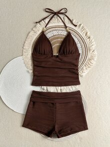 SHEIN Swim Women's Solid Color Tankini Set For Beach Vacation - Coffee Brown - View 4