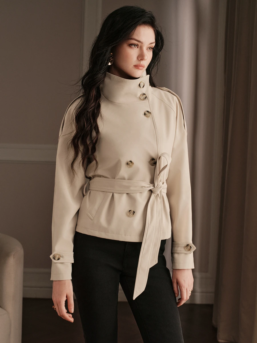 Anewsta Women's Short Casual Trench Coat Jacket - Khaki - View 1