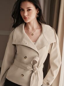 Anewsta Women's Short Casual Trench Coat Jacket - Khaki - View 6