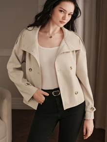 Anewsta Women's Short Casual Trench Coat Jacket - Khaki - View 7