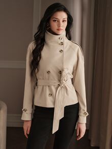 Anewsta Women's Short Casual Trench Coat Jacket - Khaki - View 3