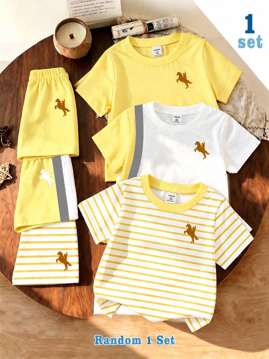 Souflis Souflis 3 Sets, Get 1 Set Random Yellow Contrast Color Infant Toddler Casual Fashion Classic Knight Print Crew Neck Short Sleeve T-Shirt & Shorts Set - Multicolor - View 1